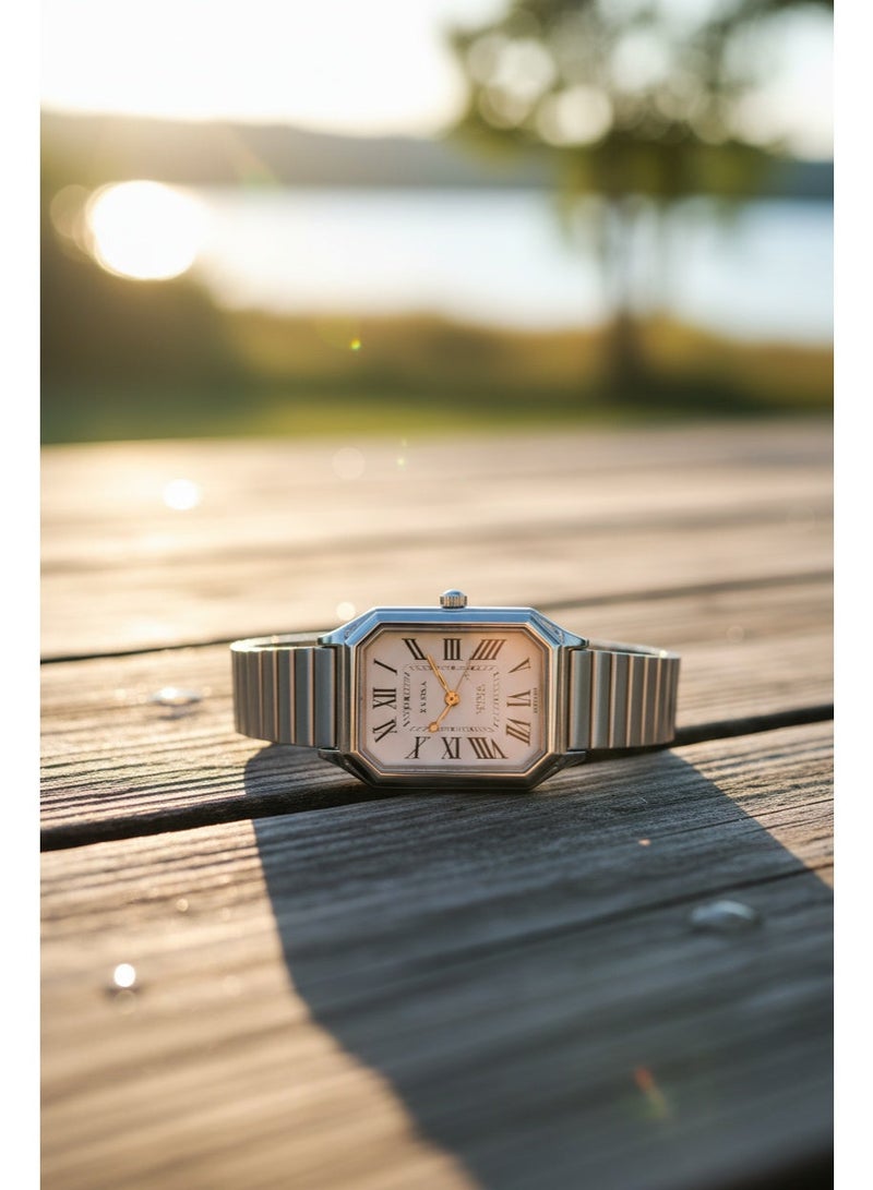 Shein Women’s Rectangular Silver Stainless Steel Watch with White Dial and Roman Numerals - Image 2